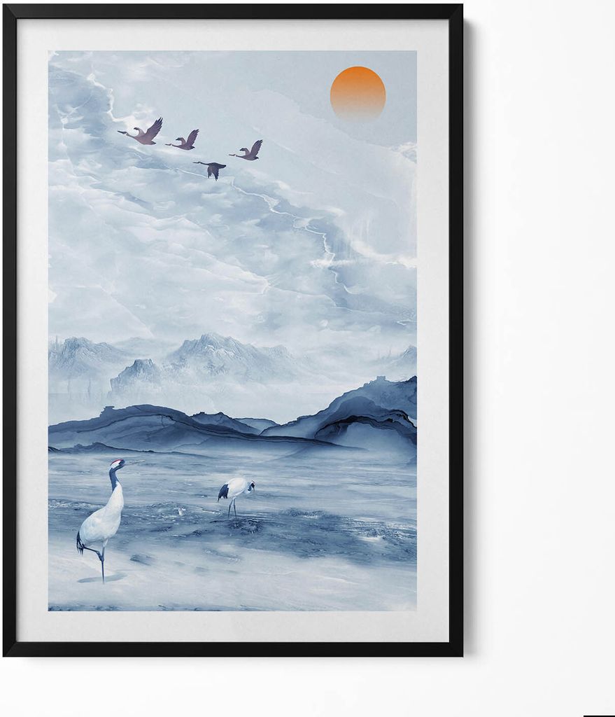 Gemalte Landschaft mit einem See und Kranichen– Wandbild mit Rahmen – Gerahmtes Bild – Wanddekoration – 70x100 cm – Schwarz Rahmen