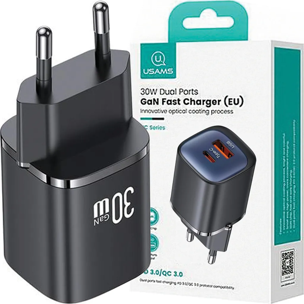 USAMS CC254 30W GaN Caricabatterie Rapido USB-C/A Nero Cc254Tc01