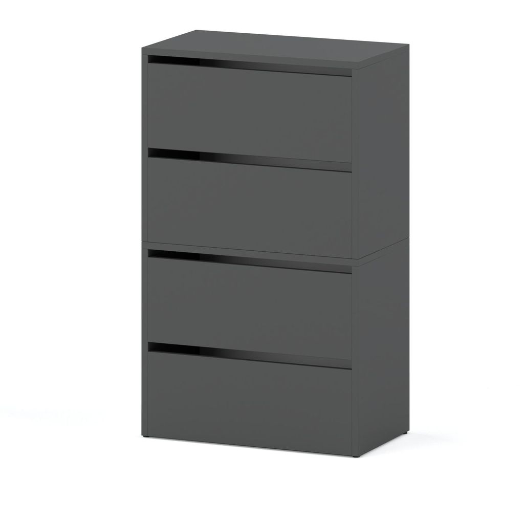 A gray, modern chest of drawers with four drawers, presented against a white background.