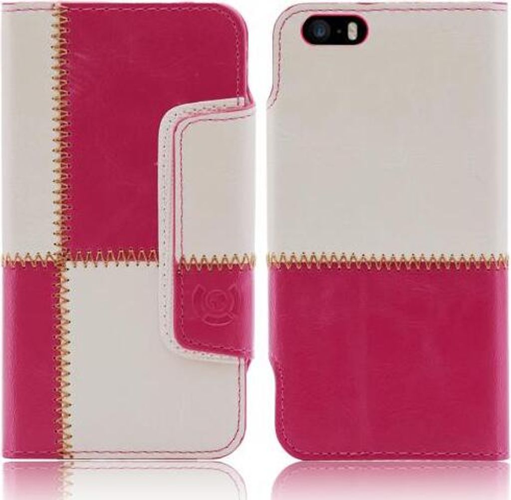 Apple iPhone 5 5S numia Bookstyle Nahtmuster Pink-Weiss