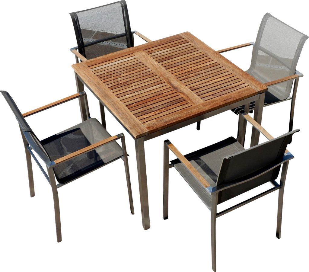 ALEOS. Gartengarnitur Gartenstühle und Tisch Sitzgruppe 5-teilig aus Edelstahl Batyline Bespannung massives A-Grade Teak Holz Set: Tisch 90x90 cm ...