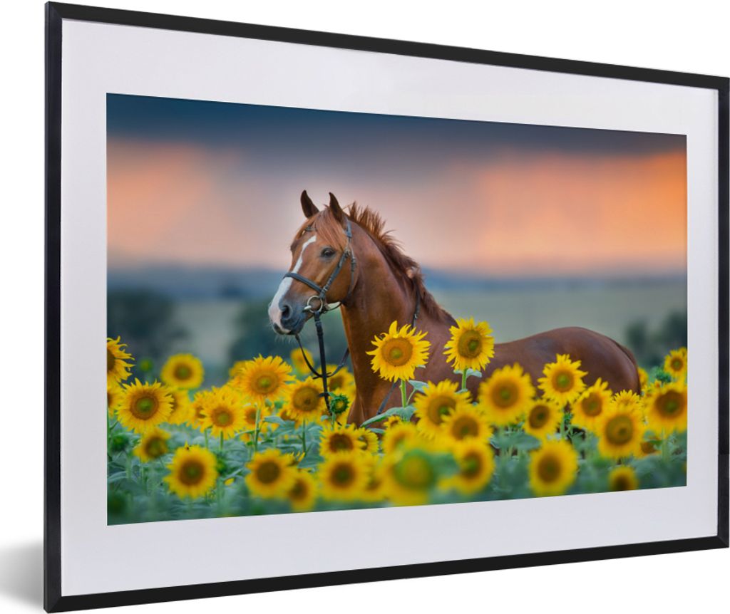 MuchoWow MuchoWow Gerahmtes Poster Pferd - Sonnenblume - Himmel - Pastell 60x40 cm - Poster mit zchwarzem Bilderrahmen - Schlafzimmer - Plakat ...