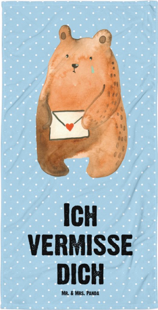 Mr. & Mrs. Panda Strandtuch Bär Liebesbrief - Blau Pastell - Geschenk, Design Handtuch, Duschtuch, Liebeskummer, Partner, Badehandtuch, Teddy, Seh...