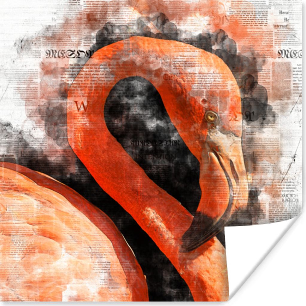MuchoWow Poster Flamingo - Farbe - Zeitungspapier 75x75 cm - Wand Dekoration