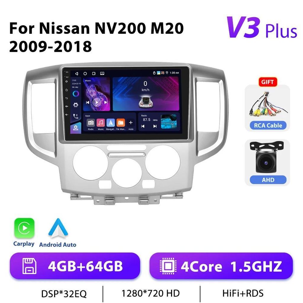 Nissan NV200 M20 2009-2018 Autoradio - Android 13 2-DIN CarPlay Navi - 23 cm Touchscreen - GPS - 6 GB RAM 128 GB ROM - 4-64G 1,5 GHz AHD