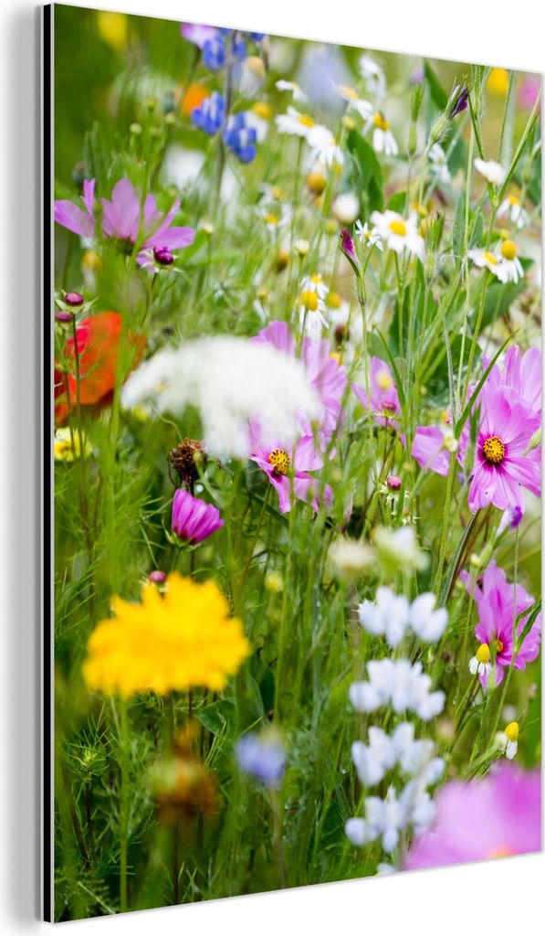 MuchoWow Wanddekoration Metall Metallbild Wandkunst 90x120 cm Blumen - Natur - Grün - Gras - Lila - Weiß MuchoWow Aluminium Gemälde - Industrial