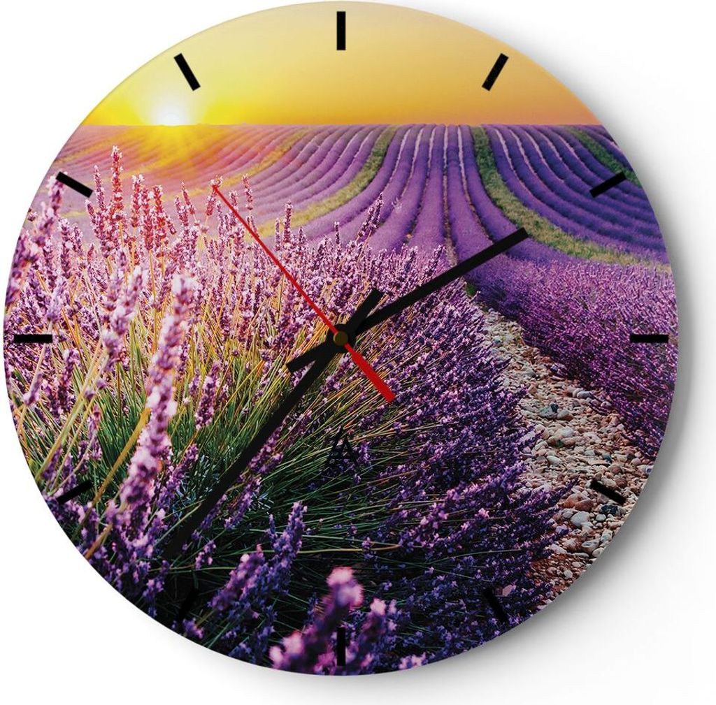Wanduhr - Rund - Glasuhr - Feld Lavendel Sonne - 30x30cm - Produktbild 