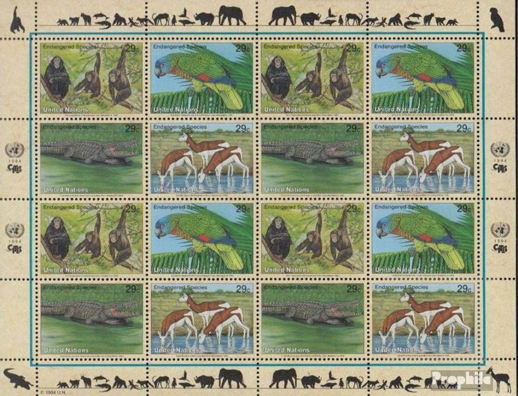 Briefmarken UNO - New York 1994 Mi 663-666 Kleinbogen (kompl.Ausg.) postfrisch Gefährdete Tiere