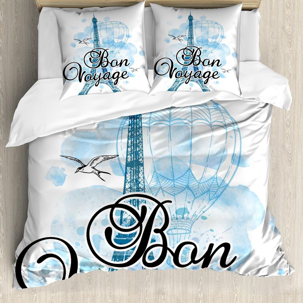 ABAKUHAUS Abschiedsparty Bettbezug Set, Eiffelturm-Luft-Ballon-Aquarell-gute Reise-Vogel-Reise, 155 x 220 cm + 80 x 80 cm, Blassblau Schwarz Blau