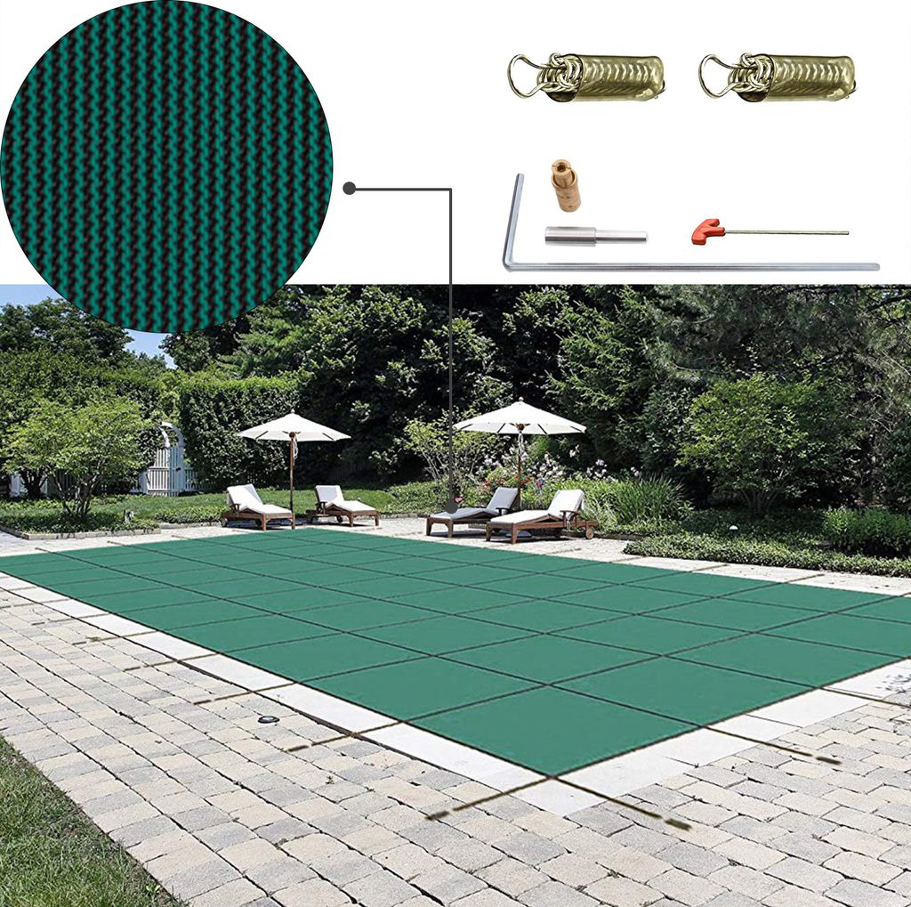 SucceBuy Pool-Sicherheitsabdeckung für rechteckige Einbaupools (16 x 30 Fuß), feste Netzabdeckung mit Abflusslöchern, Winter-Sicherheitsabdeckun...