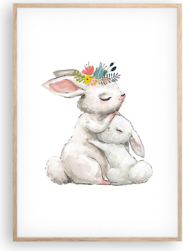 Gerahmtes Poster - Rahmen in heller Eiche - Kaninchen Hase Kinder - 70x100 cm - Wand Bild - Wanddeko - Wandbilder - Kunstposter - Wandposter - Bild...