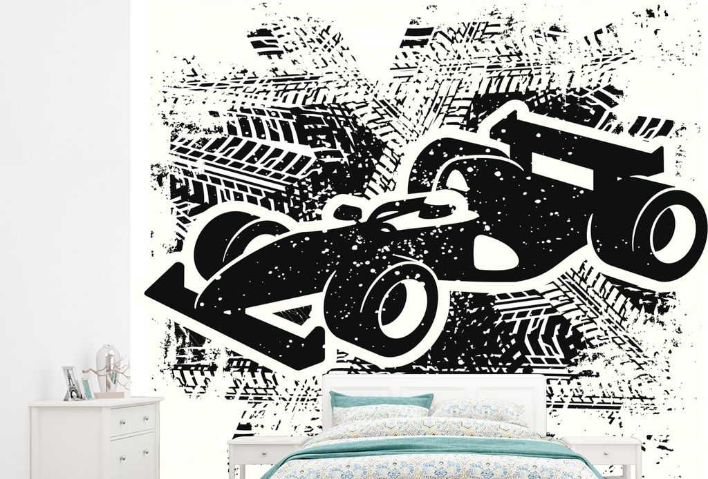 MuchoWow Fototapete für Wohnzimmer oder Schlafzimmer Wandtapete Vinyl Motivtapete Eine künstlerische Illustration eines schwarz-weißen Formel-...
