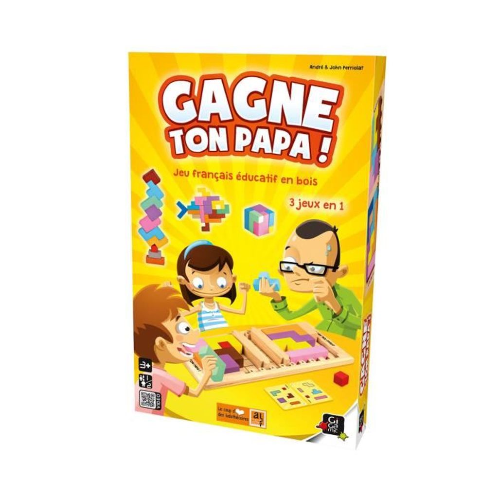 The image shows the front of a board game box with cartoon illustrations of children and an adult playing a game. The box is yellow with colorful text and graphics.