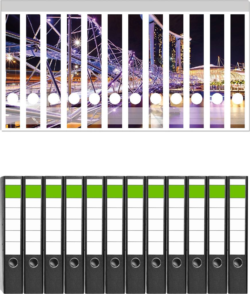 Wallario 12 Stück schmale Ordner inkl. Klebeetiketten mit Motive Helix-Brücke in Singapur bei Nacht - Set mit Rückenschildern / Ordnerrücken St...