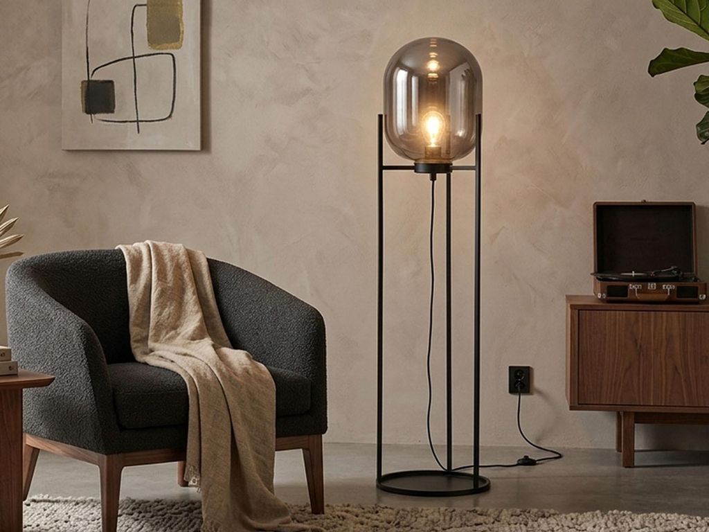 Kleine Stehlampe mit Metallfuß, Schirm Rauchglas oval & LED dimmbar, Höhe 110cm