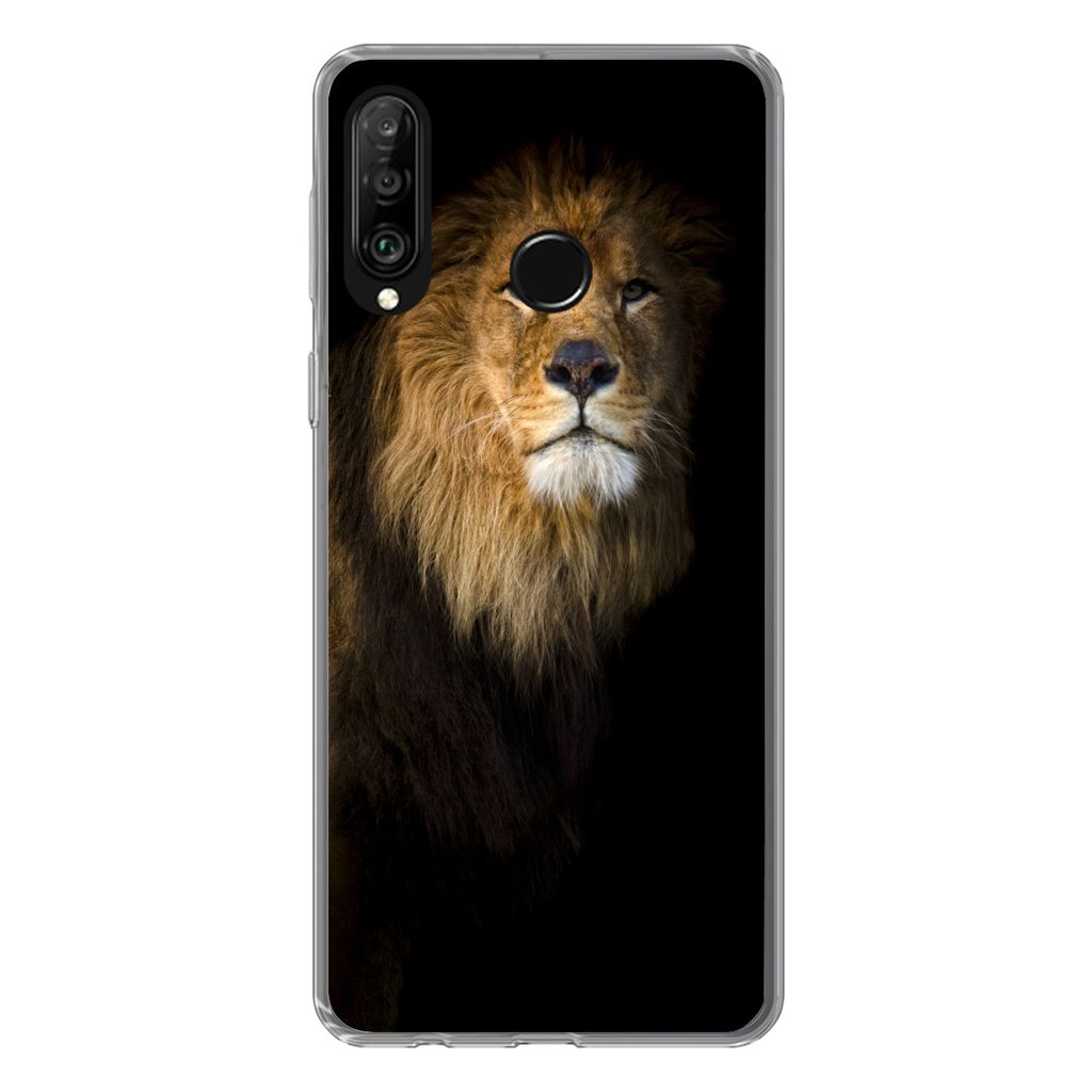 MuchoWow Handyhülle Schutzhülle Hülle für Huawei P30 Lite Löwe - Licht - Schwarz - Porträt Silikon Softcase Handy Hülle - Handyhülle