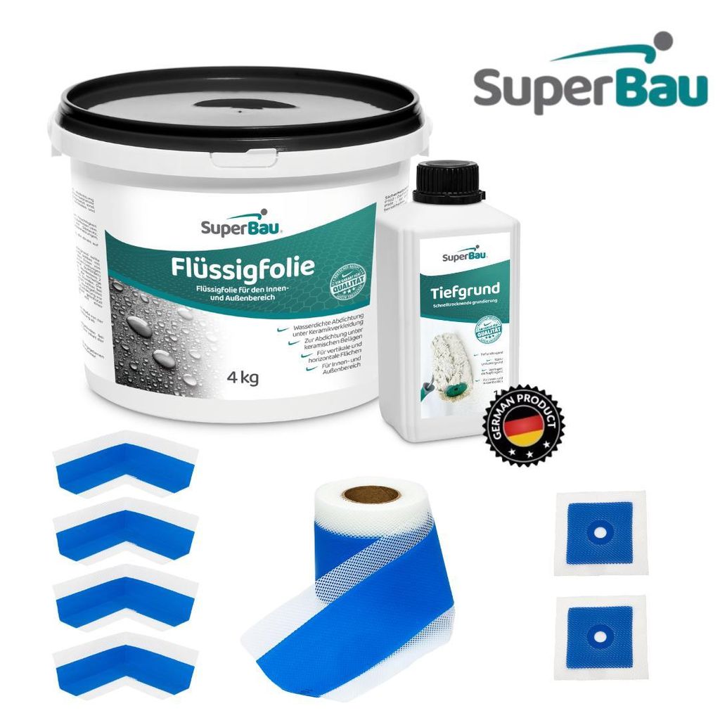 Superbau Dichtset - Flüssigfolie 4 kg, Tiefengrund 1L, Dichtband 10m, 4x Innenecke, 2x Manschette. Innen & Außen, Bad & Dusche, Balkon & Terasse
