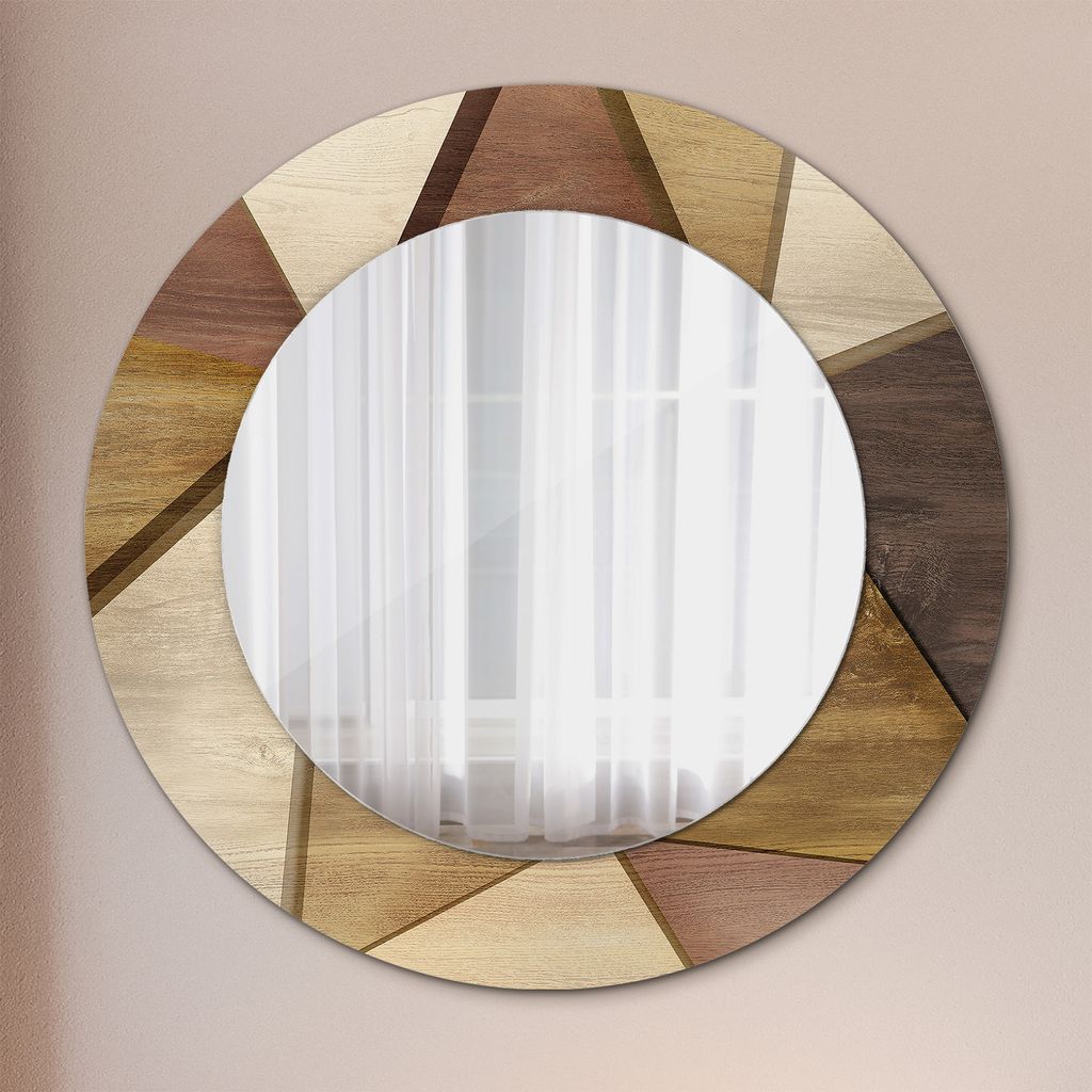 Ø60cm Spiegel - Glasrahmen mit Aufdruck - Wandspiegel Schlafzimmer - Geometrisch Holz 3d