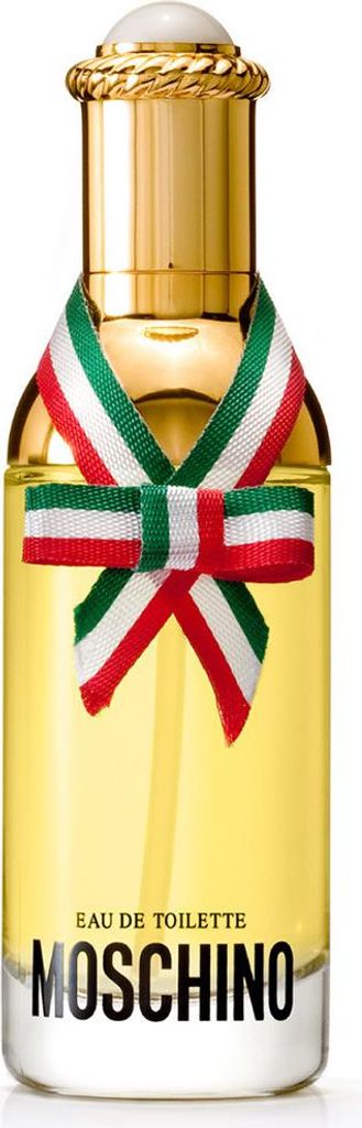 A bottle of Moschino perfume with a ribbon tied around the neck.