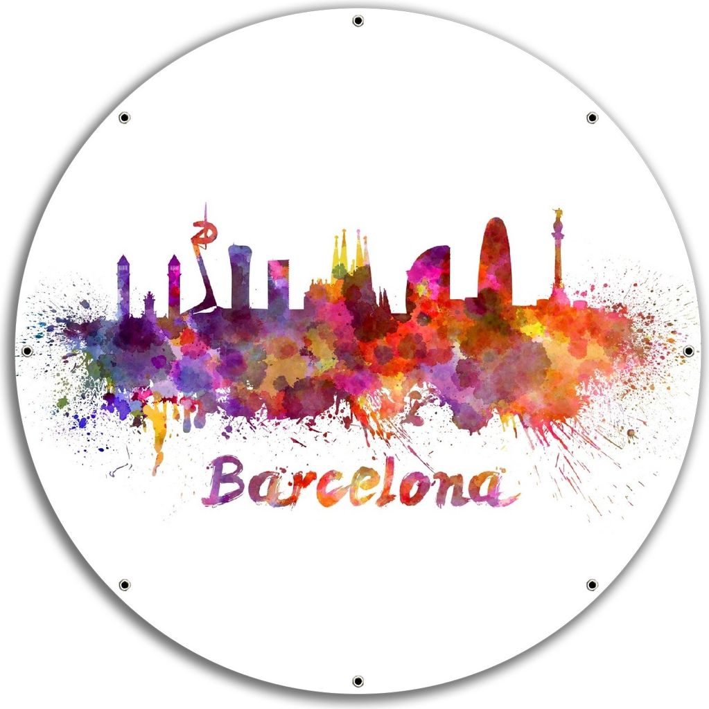 Wallario rundes Outdoor-Poster für Garten oder Balkon, Motiv Städte als Aquarell - Skyline von Barcelona, 60 cm Durchmesser