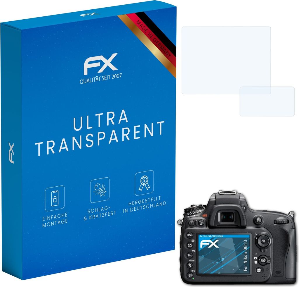 atFoliX FX-Clear 3x Schutzfolie kompatibel mit Nikon D610 Displayschutzfolie