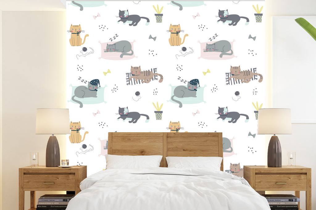 MuchoWow Fototapete für Wohnzimmer oder Schlafzimmer Wandtapete Vinyl Motivtapete Katzen - Haustiere - Muster - 240x260 cm - Tapezier Papier