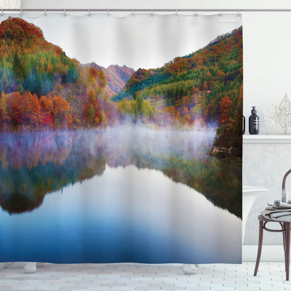 ABAKUHAUS Tenda da doccia paesaggio, Lake Mountain Scenery, set incl. 12 ganci in tessuto Impermeabile Resistente a batteri e muffe, 175 x 220 cm, multicolore