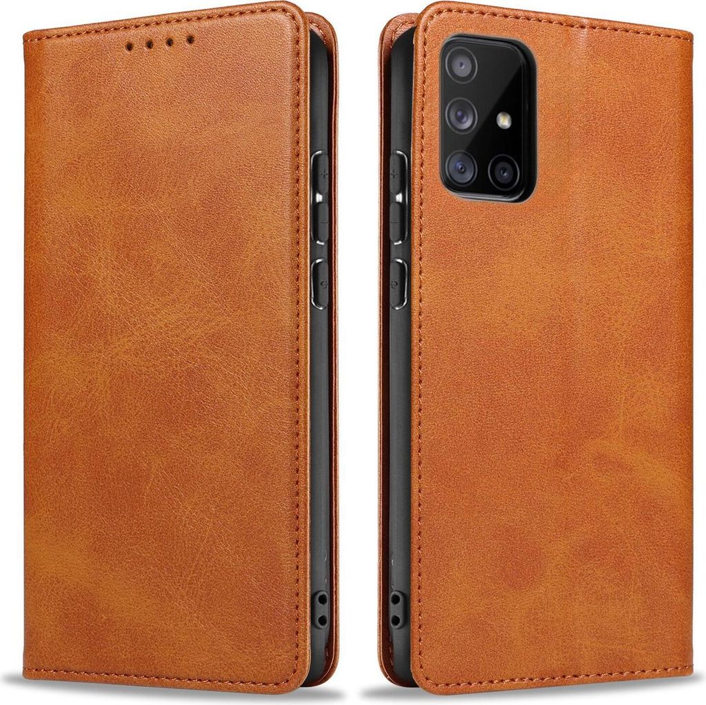 A brown leather flip case for a smartphone is shown from two angles.