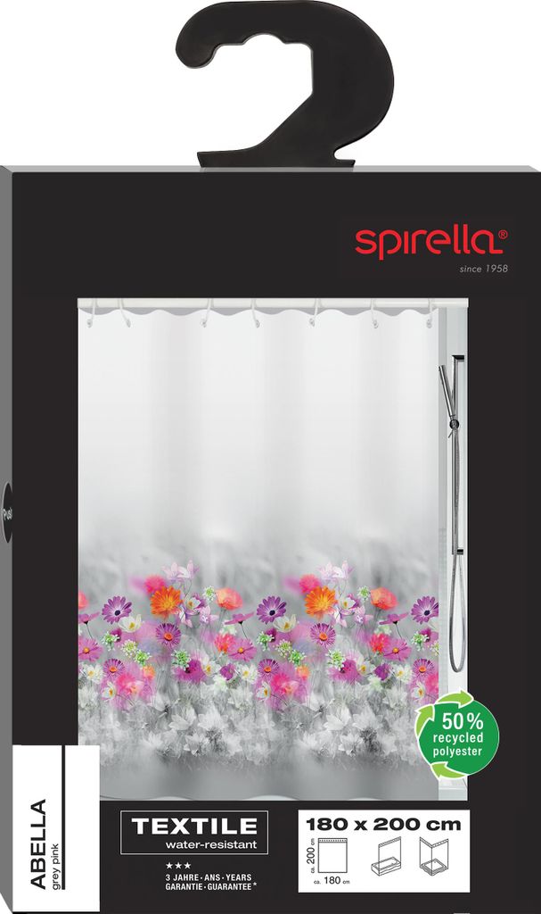 Spirella Anti-Schimmel Duschvorhang "Abella Blumen" Anti-Bakteriell, waschbar, wasserdicht Polyester 180x200cm
