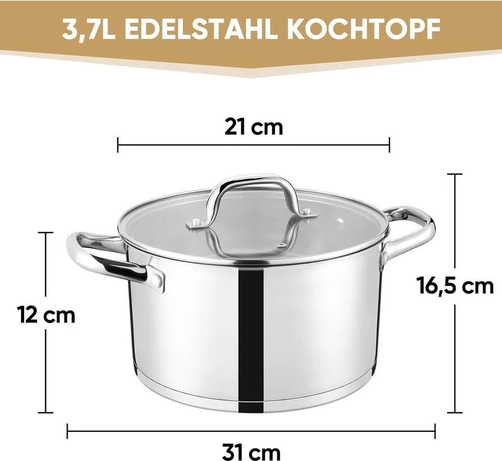 Pentola 20cm in acciaio inox a 3 strati con coperchio in vetro 3,7L per tutti i tipi di piano cottura - 2