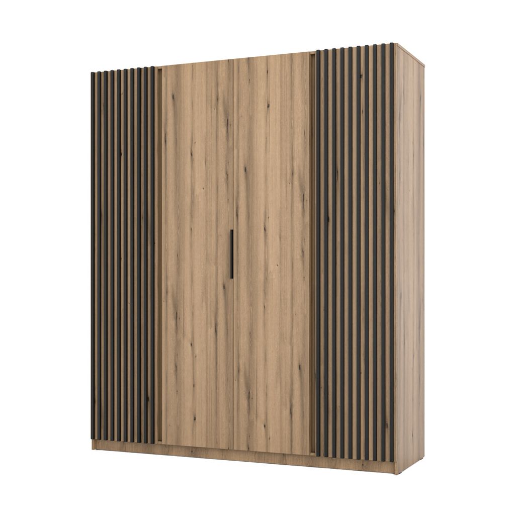 Hoher viertüriger Kleiderschrank 200 VERU - Eiche Evoke / Schwarz / Eiche Evoke