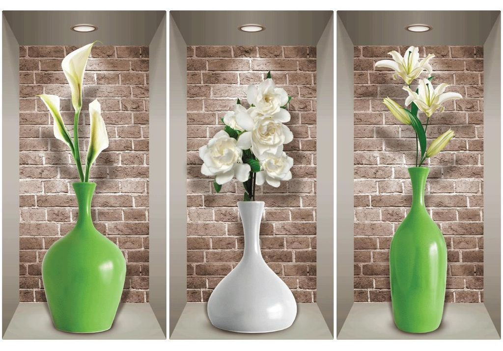 3D-Effekt-Aufkleber mit Vasen und weißen Blumen, 60 x 90 cm
