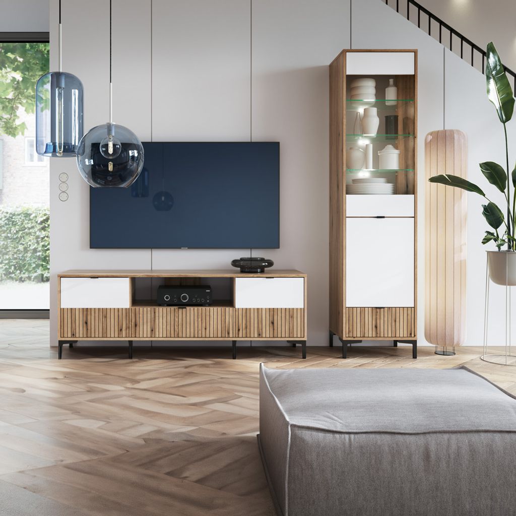 Wohnwand Eiche mit weiß und Rillen Design modern Lamellenoptik RISBY-129 2-teilig mit Couchtisch