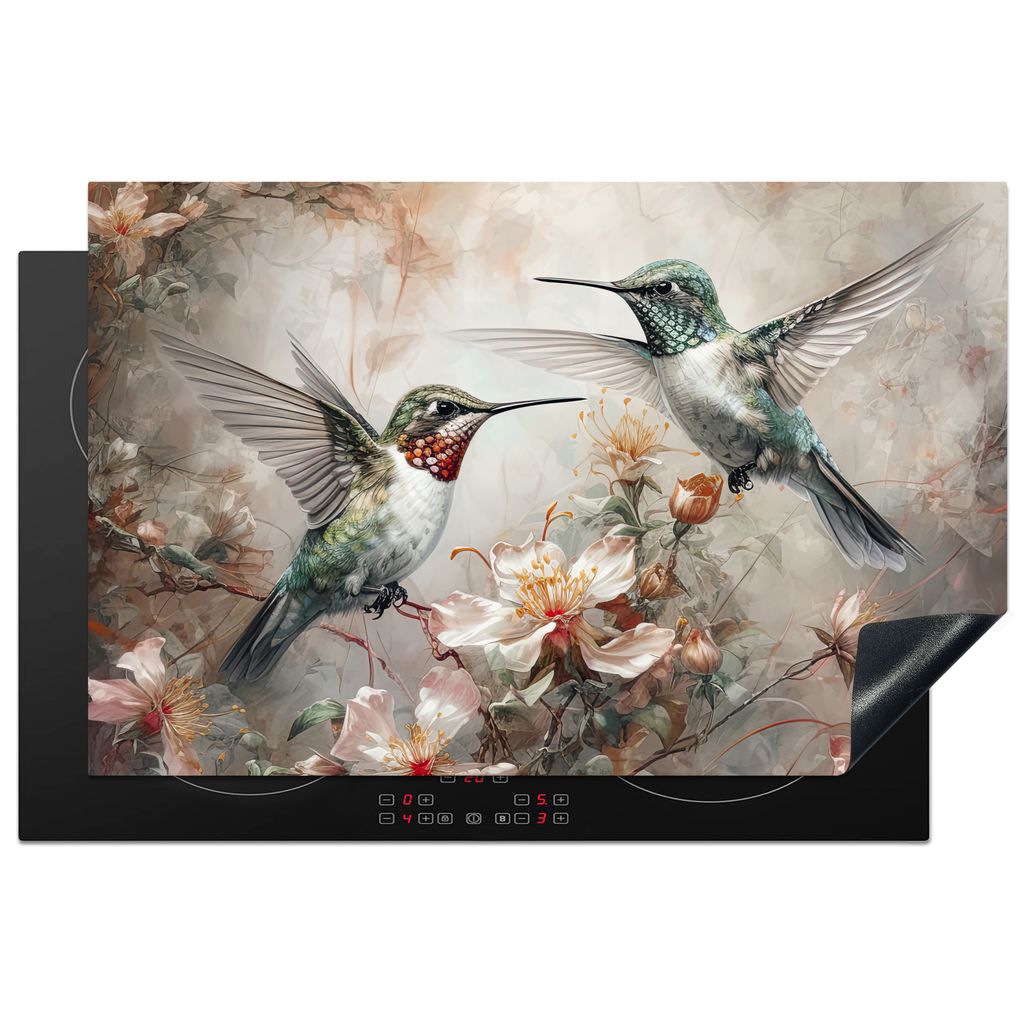 KitchenYeah Herdabdeckplatte Kolibri - Vögel - Blumen - Pflanzen , 81x52cm, Küche Deko, Glaskeramikkochfeld Herdabdeckung, Abdeckplatte fùr Ko...