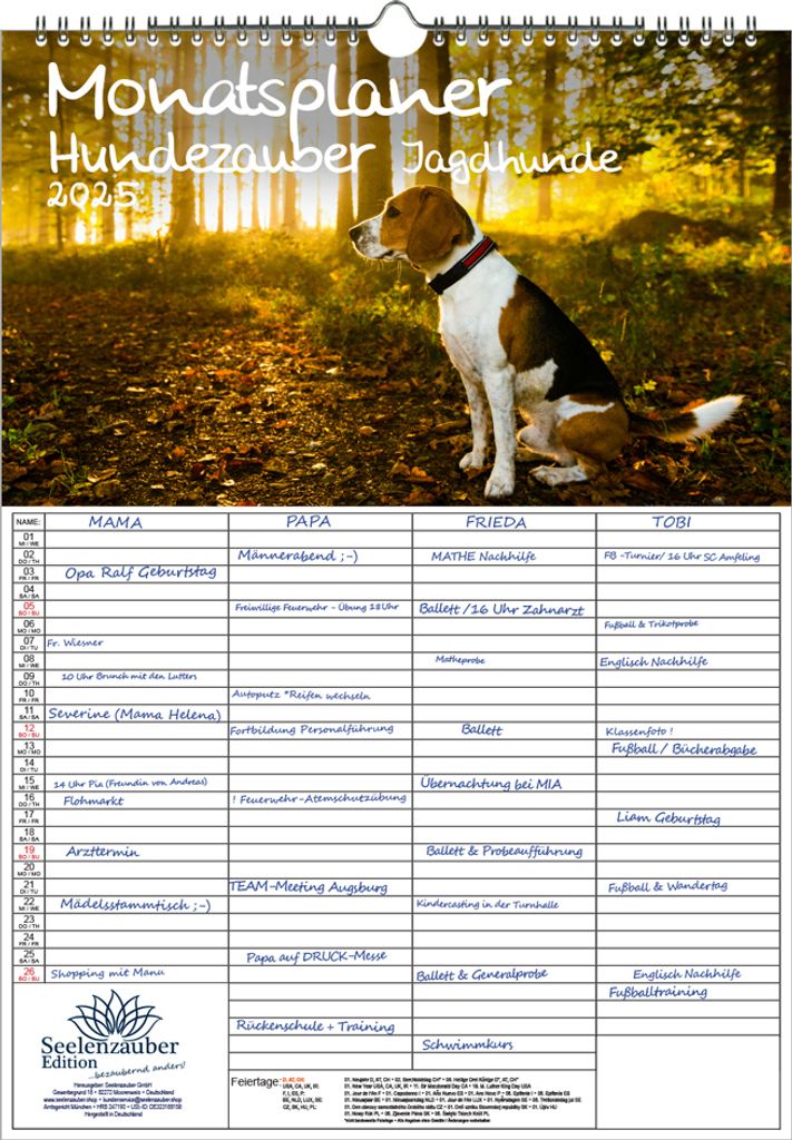 Hundezauber Jagdhunde Planer Wandplaner Familienplaner 4 Spaltenplaner DIN A3 Kalender für 2025 Hunde Welpen - Seelenzauber