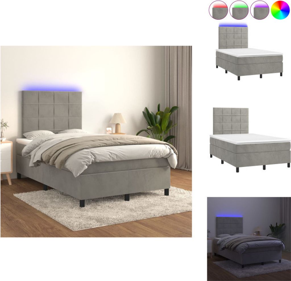 vidaXL Boxspringbett mit Matratze & LED Hellgrau 120x200 cm Samt - Betten & Bettgestelle