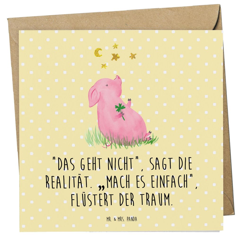 Mr. & Mrs. Panda Glückwunschkarte Schwein Glück - Gelb Pastell - Geschenk, Glücksbringer, Grußkarte, doppelkarte, faltkarte, Klappkarte, Lustig...