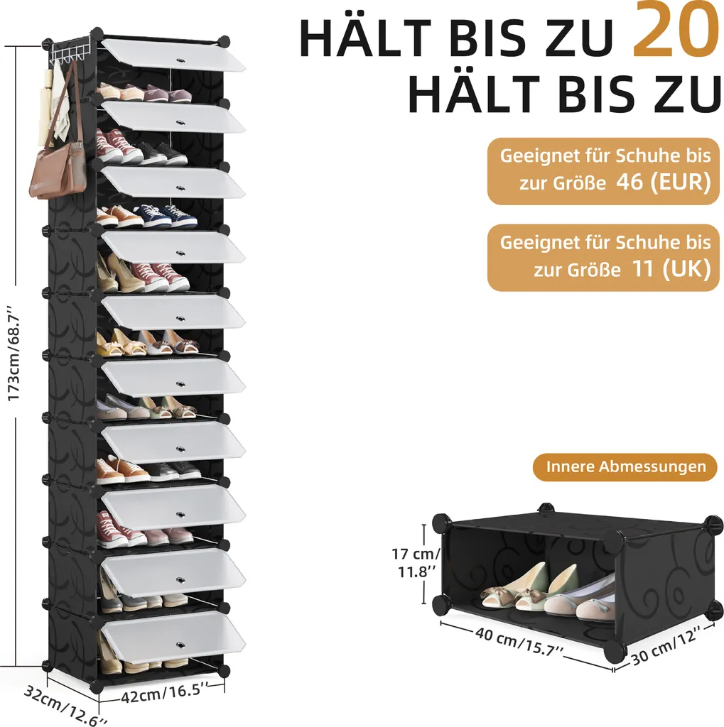 Rangement Chaussures DIY Noir - Lot de 10 Boîtes Modulables et Solides
