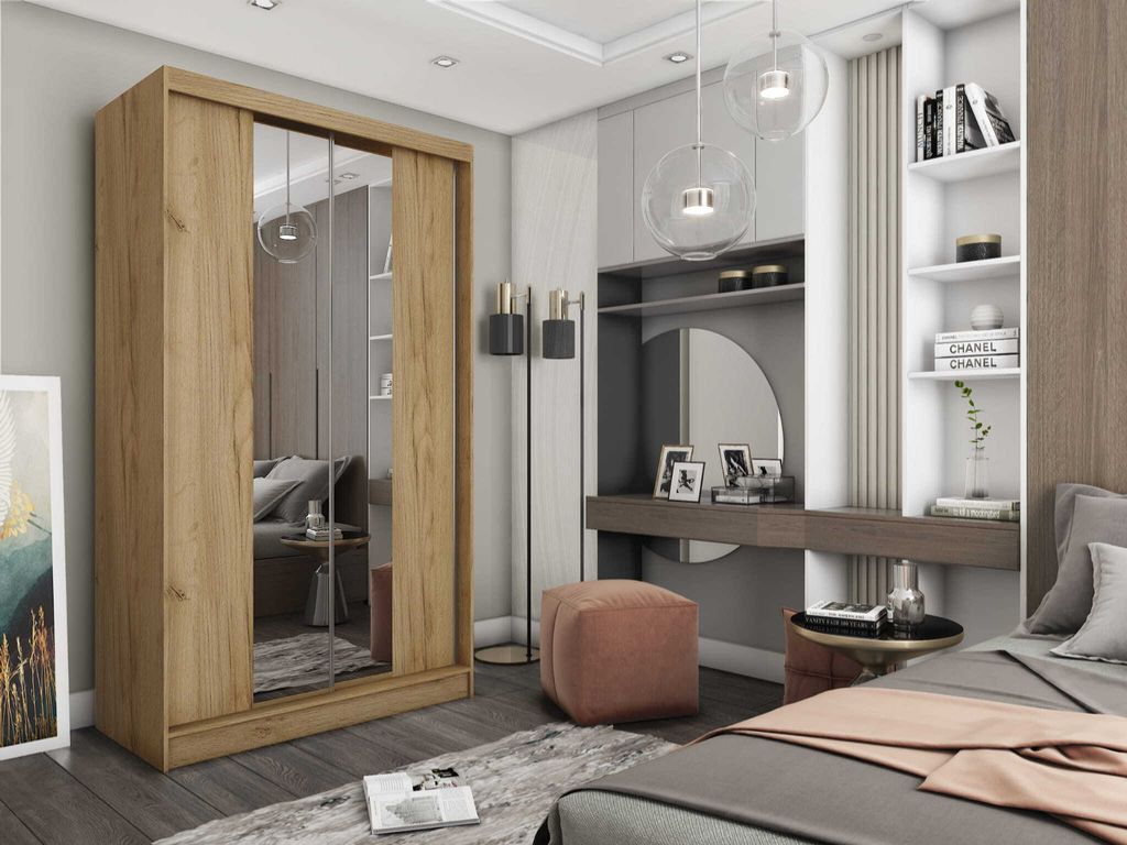 AGMAT Schwebetürenschrank Lyon, Kleiderschrank mit 2 Türen, Moderne Garderobe in Farbe: Artisan, Schrank in Größe: 150 x 216 x 61 cm