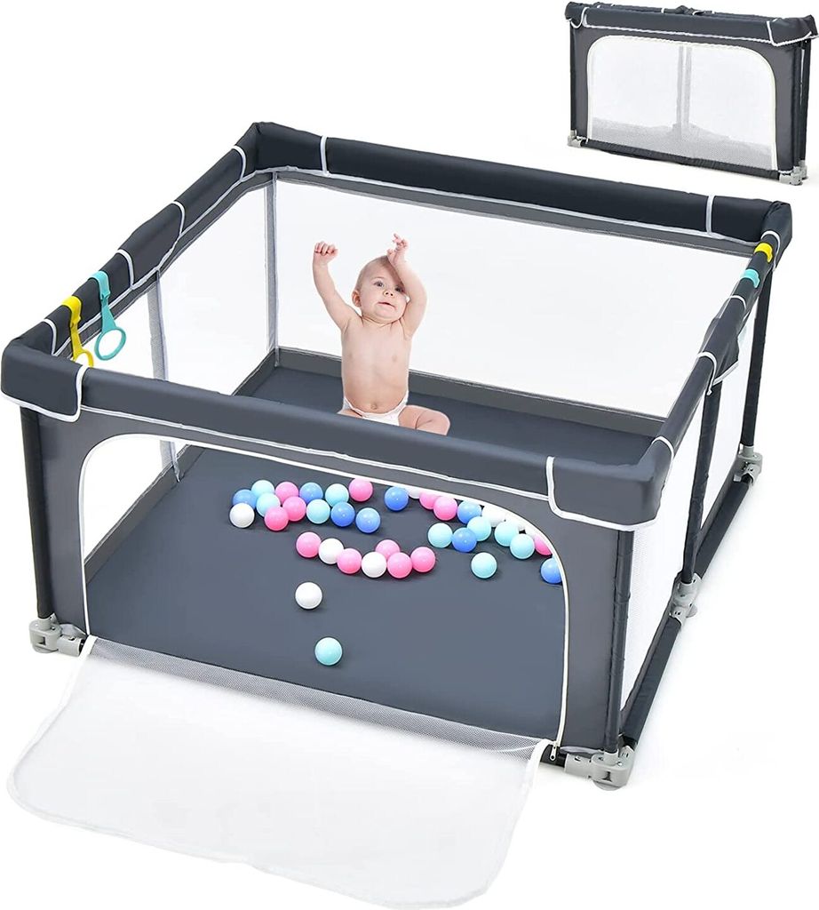 GOPLUS Baby Faltbar Laufstall 124 x 124 cm, Laufgitter mit 50 Bälle & Ringe & Tür, Laufgitterzelt mit atmungsaktivem Netz & Reißverschluss