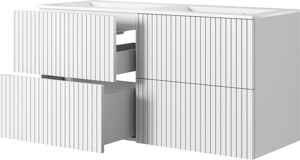 Badezimmer Doppelwaschtisch mit 120 cm Breite in weiß matt mit gerillter Front, Einbauwaschbecken & 4 Schubladen - NAVASOTA-141