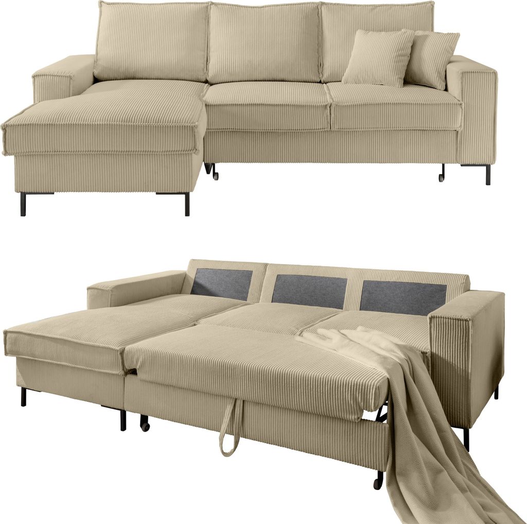 Ecksofa Récamiere Schlaffunktion Bettkasten Couch Polsterecke in Cord Beige Grau / 17223