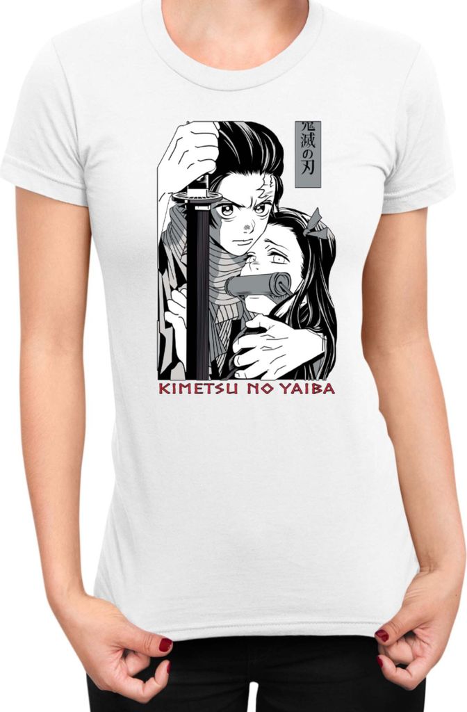 Damen T-Shirt Demon Anime Slayer Kimetsu No Yaiba Tanjiro Nezuko Kamado 003, Lady XL / Weiß