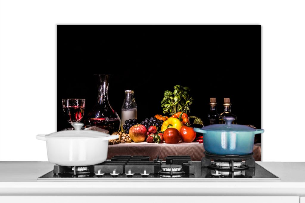 KitchenYeah Spritzschutz Küche - Küchenrückwand - Wandschutz für Herd und Spüle - Stilleben - Essen - Trinken - Obst - Schwarz 80x55 - Alu-D...