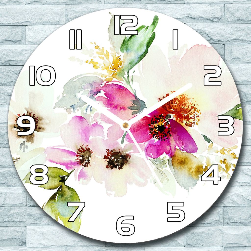 Wanduhr aus Glas Rund fi 30 Aquarell Blumen Quarz Deko Schlafzimmer Büro
