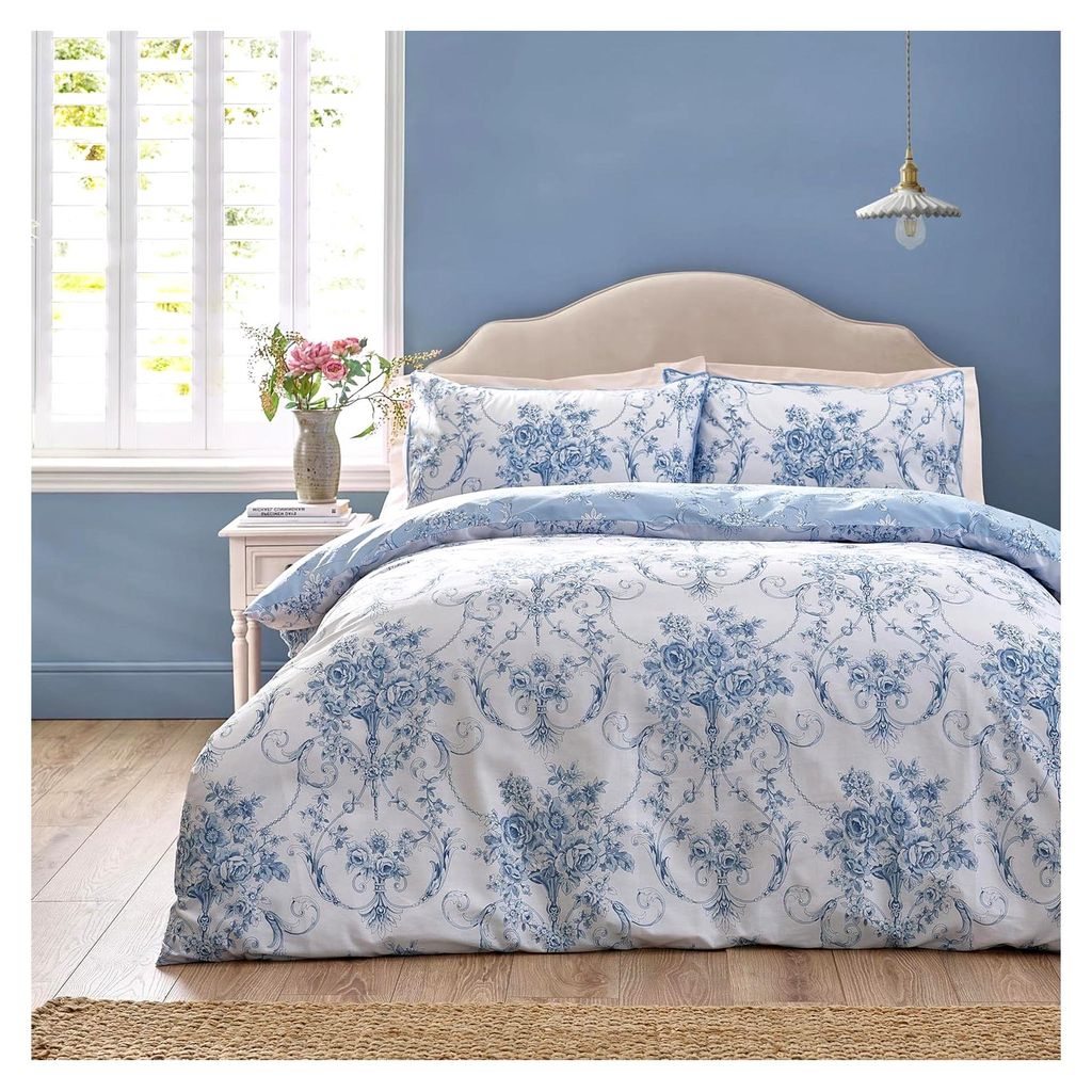 Damast-Bettwäsche-Set Antoinette mit Kissenbezug, wendbar, für Einzelbett, Blau