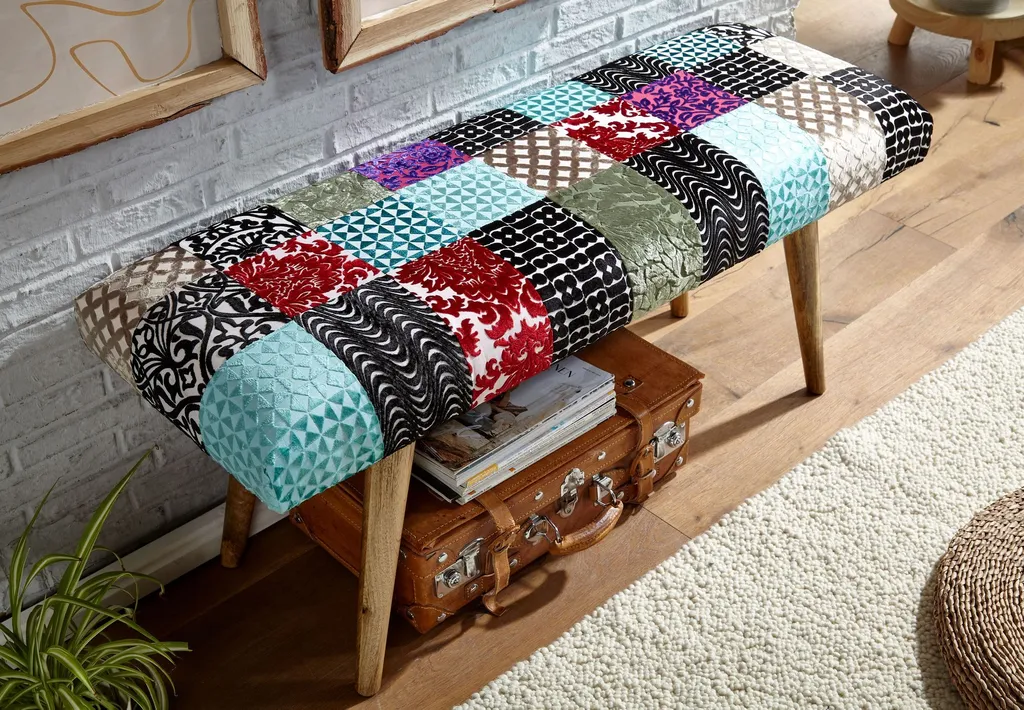 Banc de lit patchwork Rootz en velours multicolore et bois massif - 2
