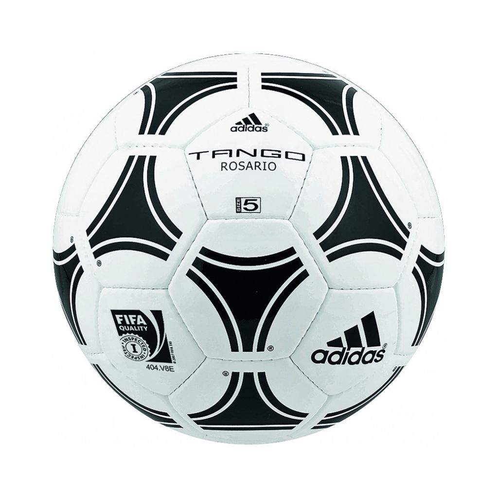 A white and black Adidas Tango Rosario soccer ball is shown against a white background.