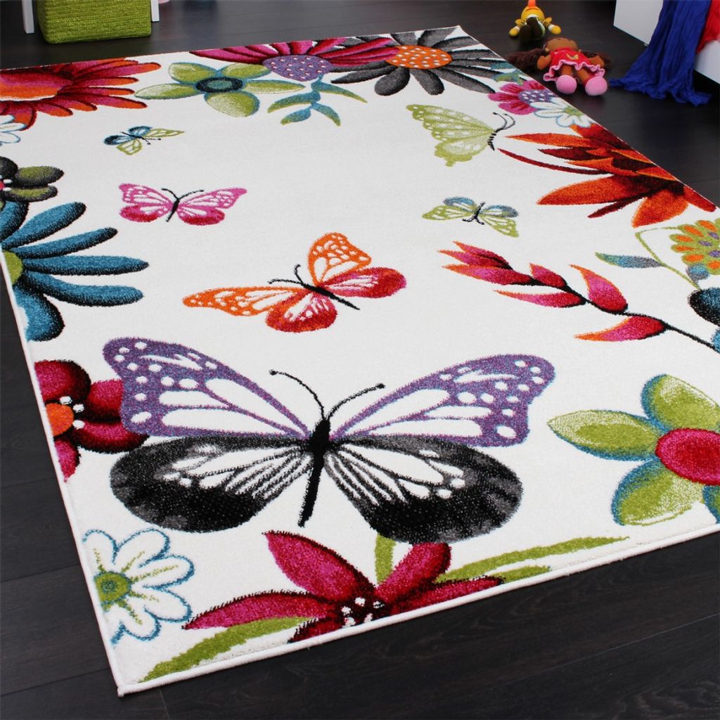 Paco Home Teppich Kinderzimmer Schmetterling Bunt Kinderteppich Butterfly Creme Mehrfarbig Grösse:200x280 cm