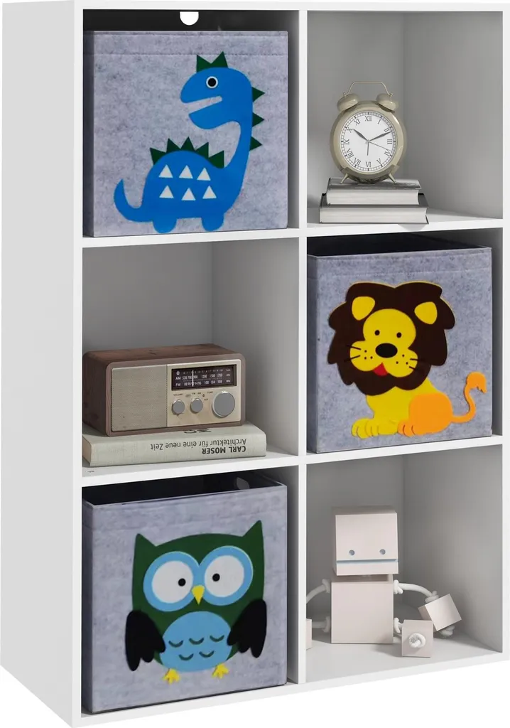 Bibliothèque enfant blanche 6 compartiments et bacs de rangement tissu
